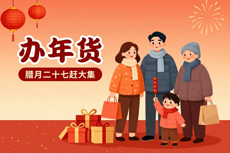 温馨插画素材：春节年货采购温馨喜庆插画背景图