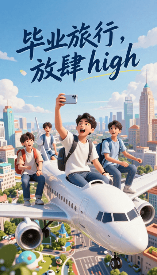 青春纪念素材：青春高飞：4人驾机俯瞰城市地标 毕业旅行CG海报