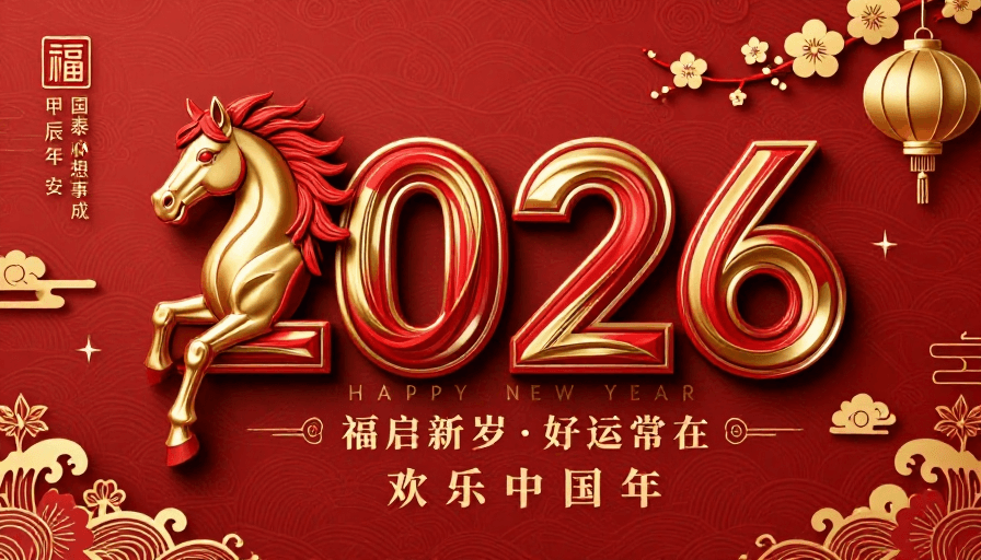 生肖海报素材：2026新年中国风红金马头立体海报设计