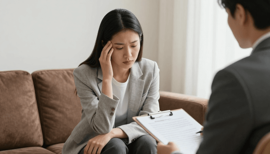 中景构图素材：都市压力下的心理疗愈时刻：柔光中的忧郁与支撑