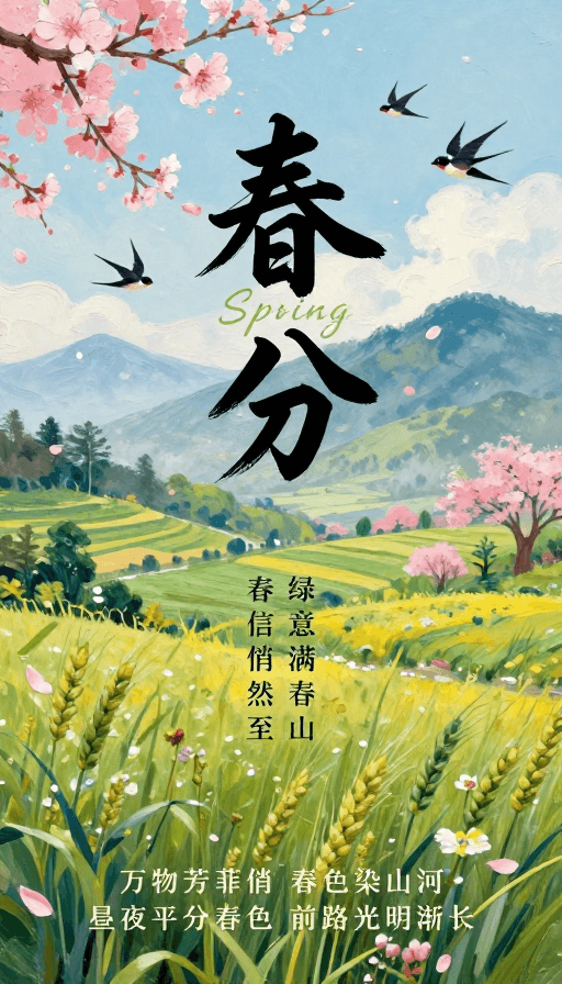 手绘油画素材：春分诗意画卷：青绿手绘油画插画海报