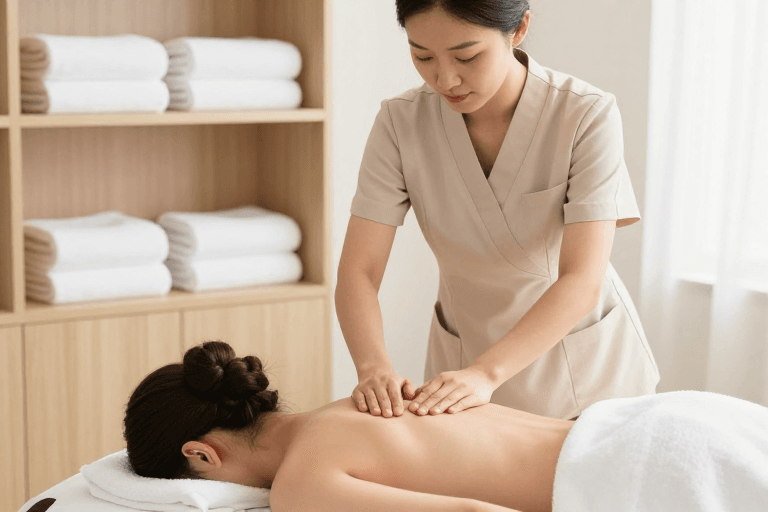 专业按摩素材：匠心推拿：亚洲女性专业按摩师专注背部护理