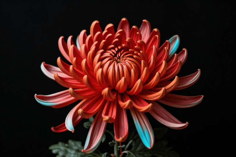 黑色背景素材：动态红色菊花光轨旋转，橙蓝双色拖影，黑色背景高清摄影