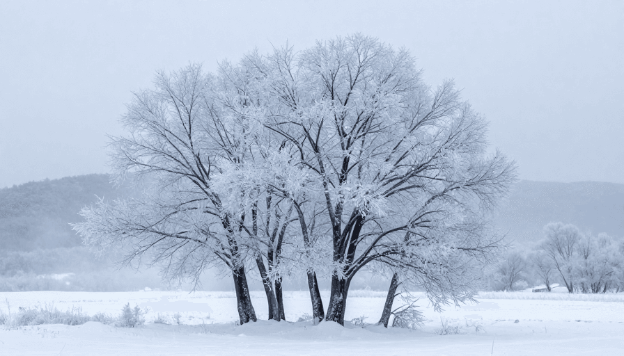 雪原全景素材：冬雪雾凇下的静谧森林：冷调摄影风光大片