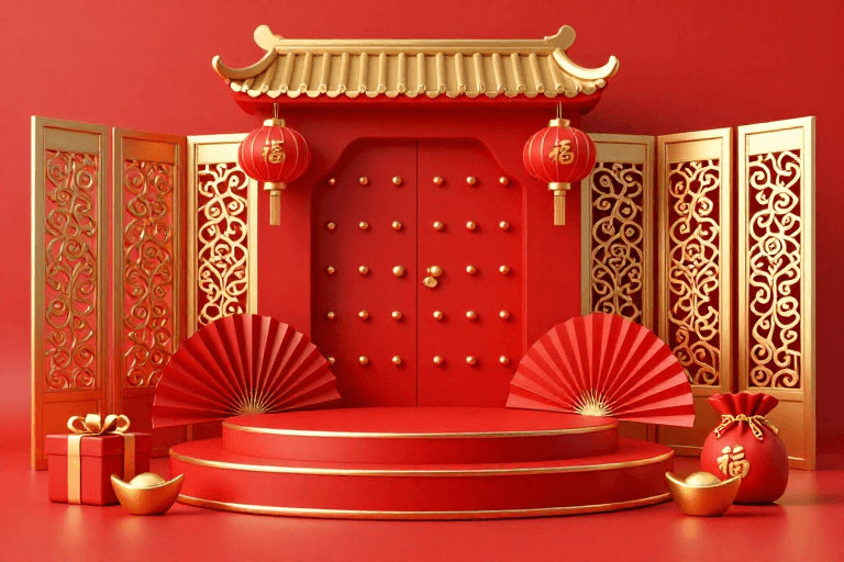 春节促销素材：喜庆红金中国风3D展台设计