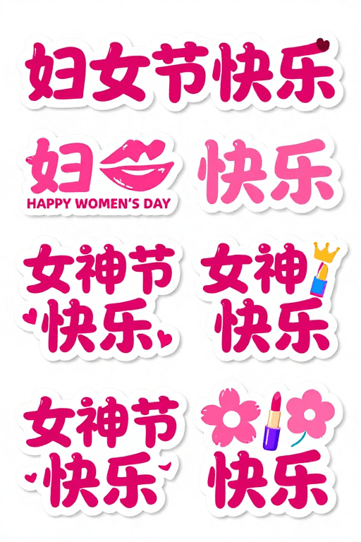 活动装饰素材：粉嫩手绘卡通文字贴纸：节日祝福与女性元素融合