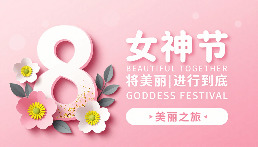 优雅风格素材：女神节粉色纸艺海报，优雅绽放美丽之旅