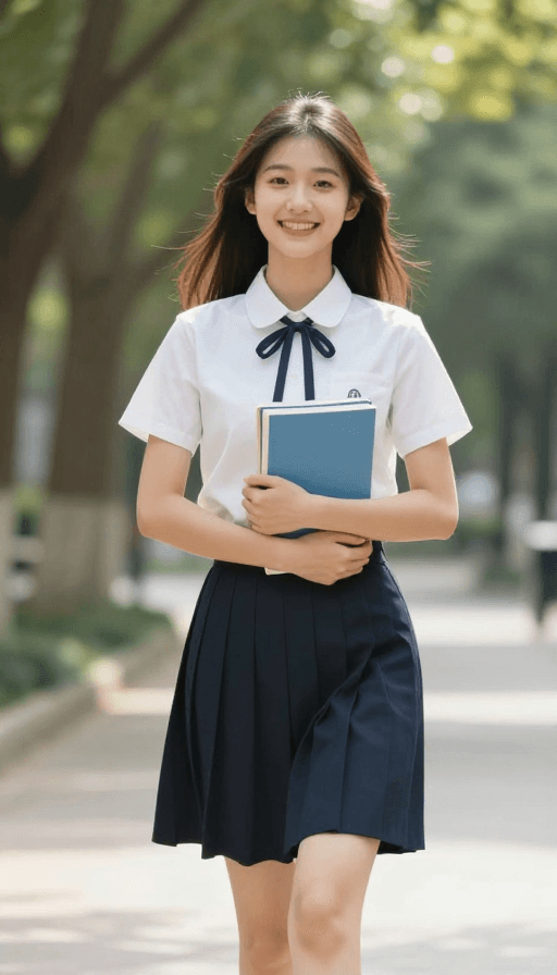 校园人像素材：青春活力：校园中的美丽少女漫步林间