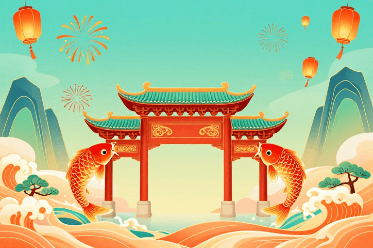 中国风节庆祥和：锦鲤跃龙桥拱门插画