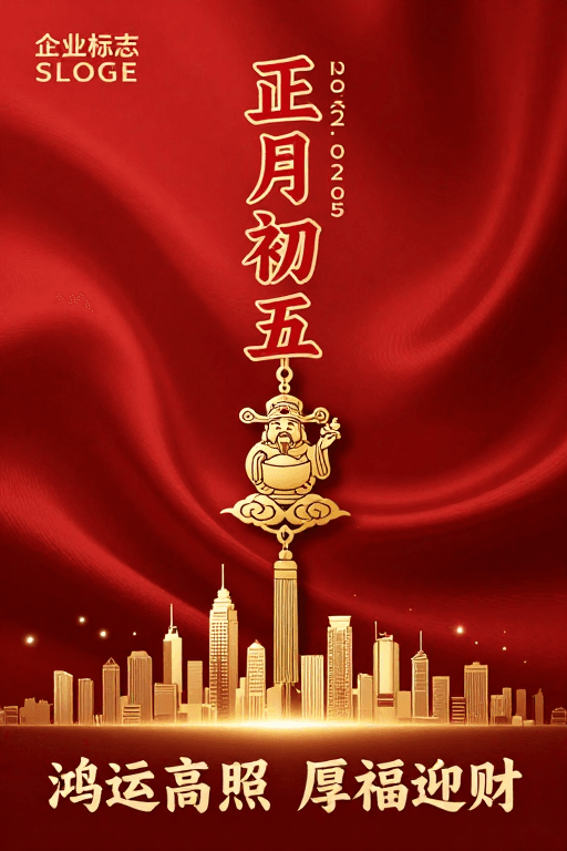 传统装饰素材：正月初五迎财纳福：喜庆金色城市夜景图
