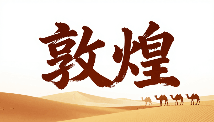 敦煌书法素材：敦煌书法艺术字配丝路风情，暖色调商业海报