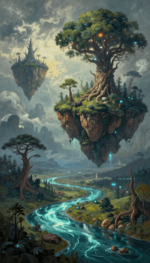 创意背景素材：超现实奇幻风景：悬浮岛屿与发光巨树的梦幻世界