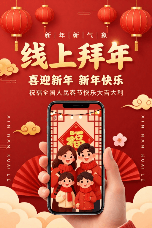 传统装饰素材：新年限定：红色喜庆中国风线上拜年海报