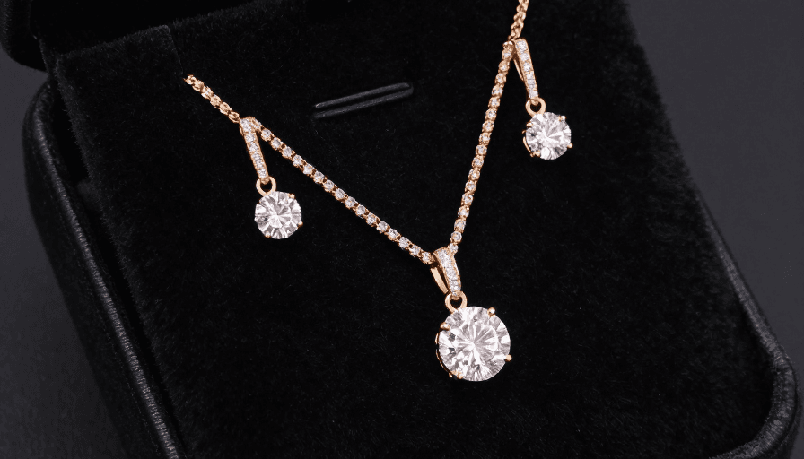 奢侈品广告素材：璀璨金钻珠宝套装：奢华黑丝绒盒中完美呈现
