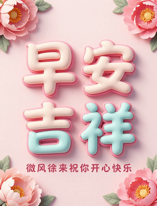 C4D渲染素材：马卡龙3D字体艺术：早安吉祥牡丹背景海报