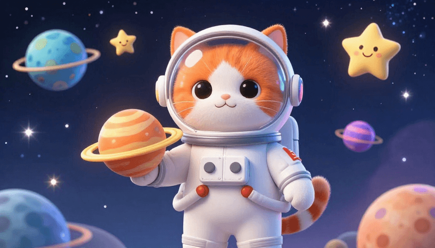 高饱和度色彩素材：橙白宇航猫守护梦幻星空：温馨航天主题插画