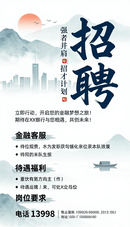 招聘海报素材：墨韵新生：中式水墨风金融人才招募令