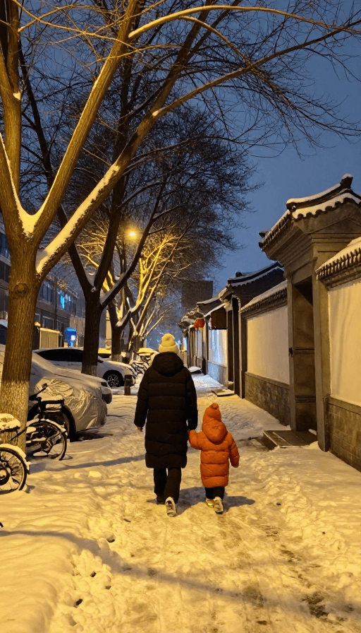 冷暖光影素材：冬夜小巷暖光中的牵手背影：城市人文纪实瞬间