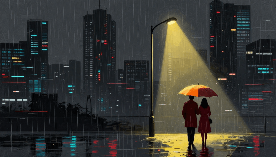 孤独氛围素材：赛博朋克雨夜都市：霓虹光影下的孤寂双人背影