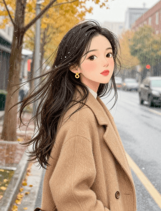 彩铅手绘素材：秋日雨街治愈彩铅画：长发美女与驼色外套的温柔瞬间