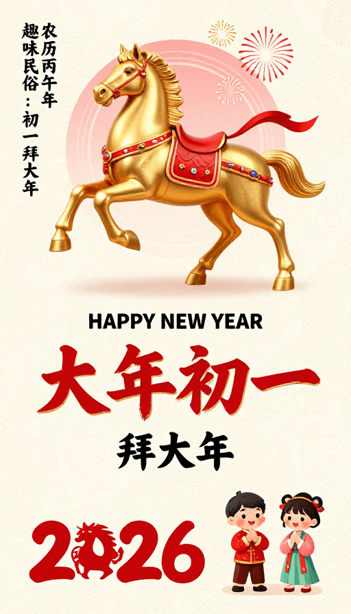 马年素材：2026丙午年新春贺图：金色骏马迎祥瑞