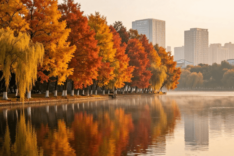 秋季风景素材：秋日湖畔枫柳与城市倒影的静谧画卷