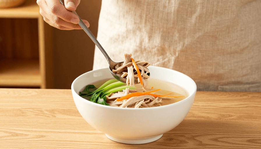 浅景深构图素材：暖光清鸡汤特写：原木餐桌上的鲜味时光