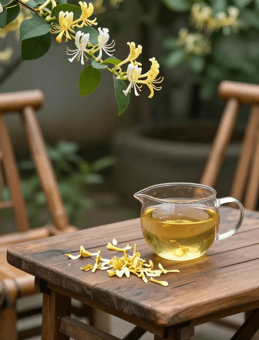 高清晰度素材：院隅金银花茶韵
