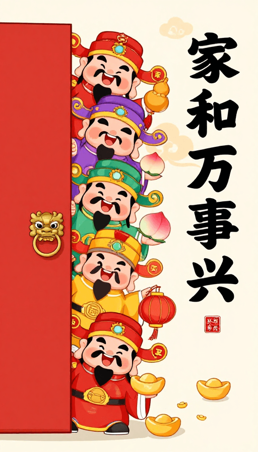 家庭祝福素材：喜庆国风五路财神图，家和万事兴吉祥插画