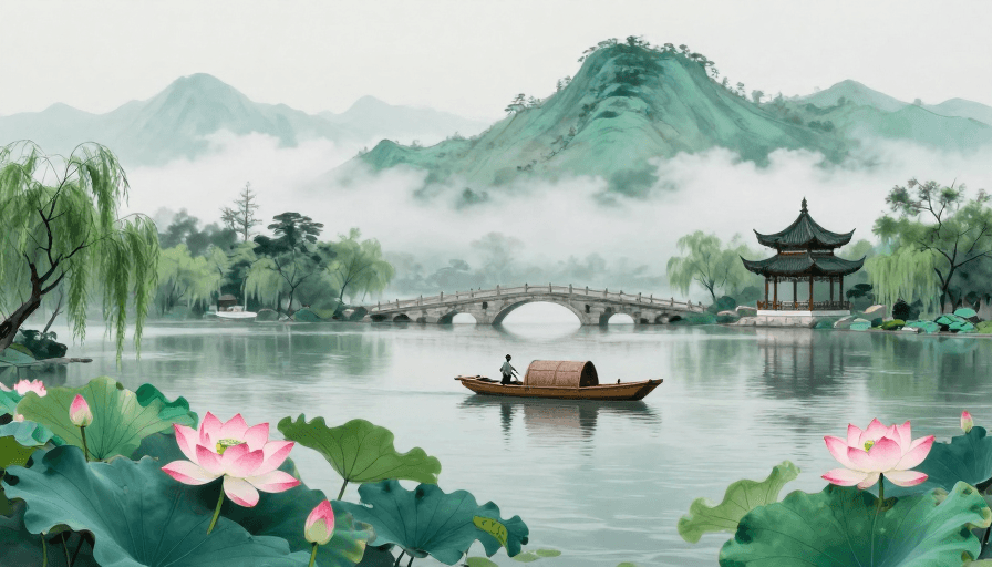 山水画素材：水墨山水：宁静湖山与古韵舟影