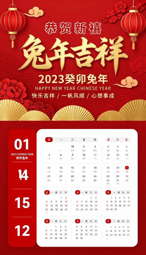 新年日历素材：金色兔年日历：喜庆中国风新年海报