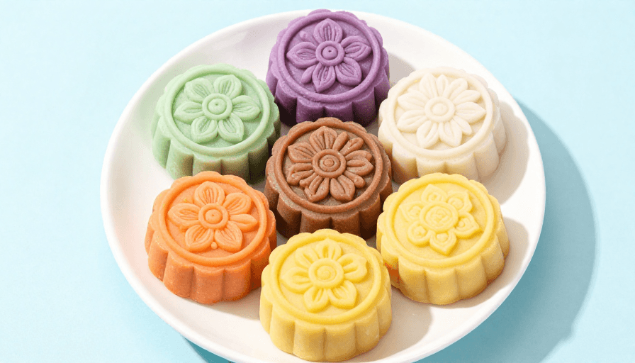 彩色设计素材：六彩冰皮月饼：花卉纹饰的节庆美学