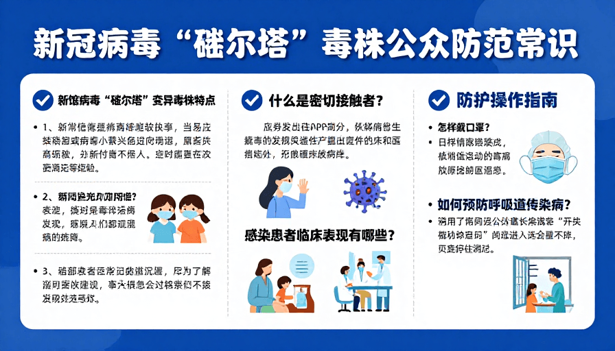 医疗健康素材：新冠德尔塔防范科普：蓝色科技感公共卫生海报
