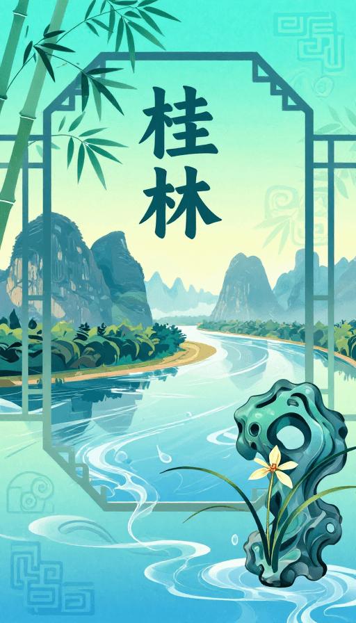 宋代美学素材：超现实流体意境：桂林山水冷调新中式美学