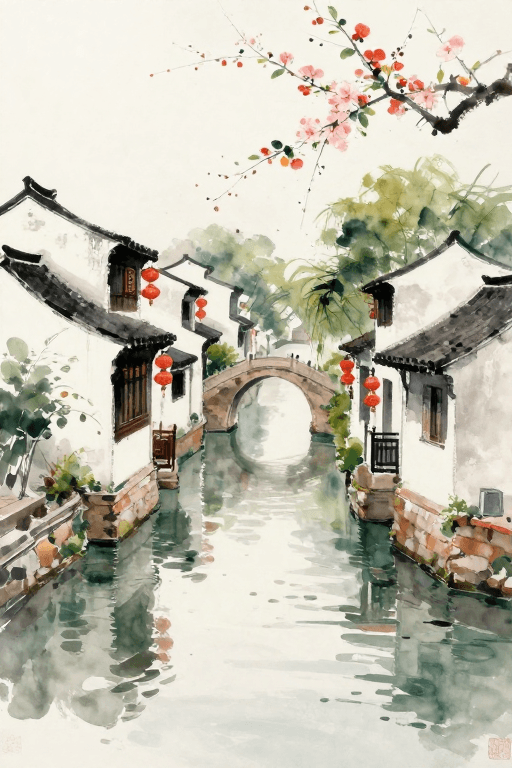 艺术插画素材：江南水乡水彩笔触，花香四溢的宁静小镇
