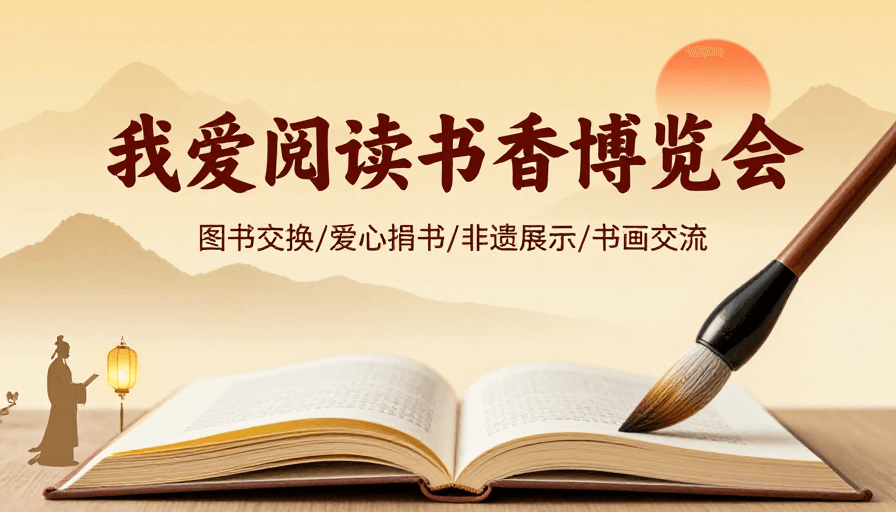 中国风水墨素材：传统水墨风书香博览会主题插画