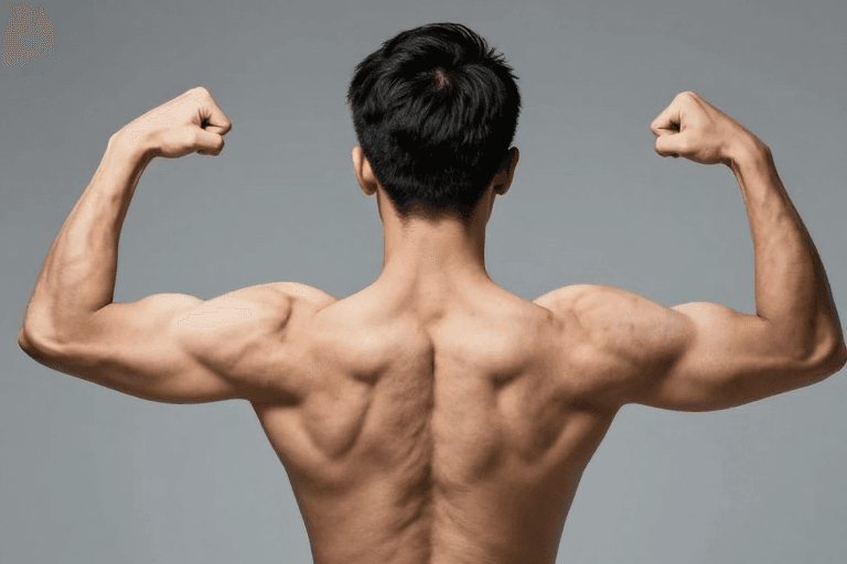 冷调摄影素材：健硕男性背部特写：冷调柔光下的肌肉线条之美