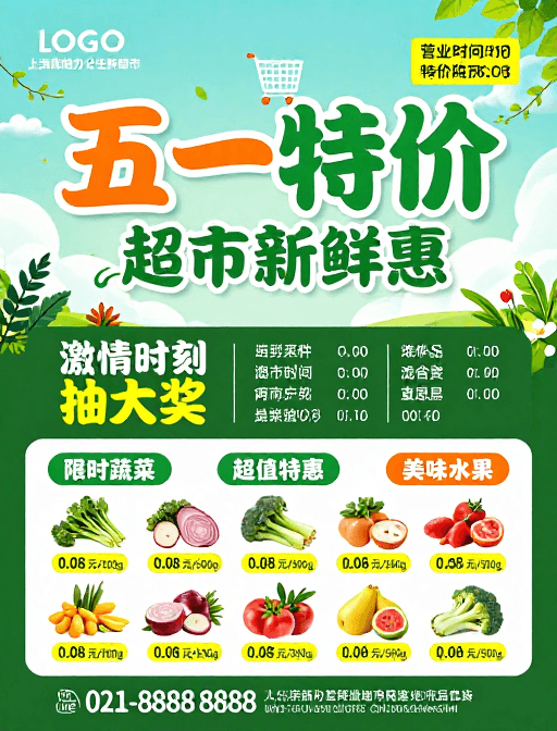 商品展示素材：清新绿调五一生鲜促销海报