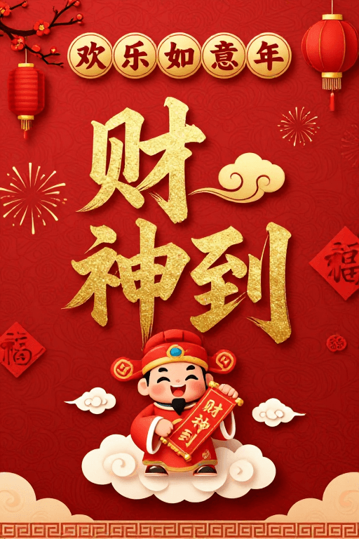 传统纹样素材：中国新年喜庆海报：金色立体财神到