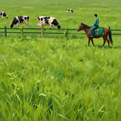厚涂技法素材：油画风春日牧场：绿意盎然与悠闲奶牛