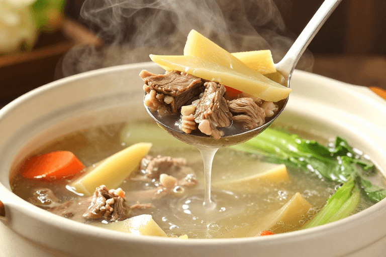 浅景深素材：砂锅炖牛肉诱人特写：热气腾腾的美食瞬间