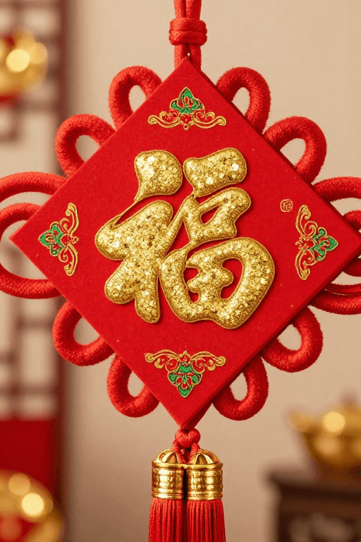 喜庆氛围营造素材：喜庆新年福字挂饰特写，暖红金色调彰显节日氛围