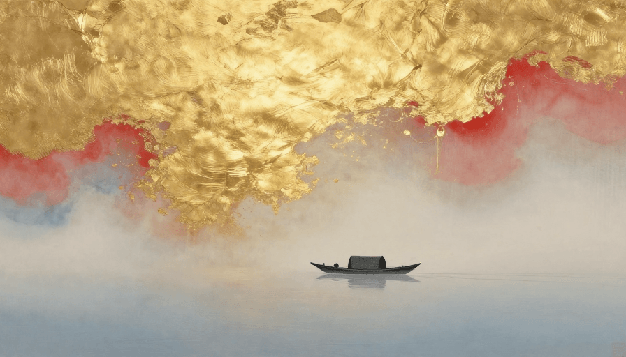 薄雾意境素材：金箔水墨意境：薄雾扁舟的东方写意