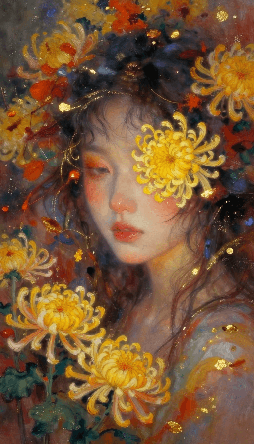 金箔岩彩素材：秋日梵高风：少女眼嵌菊花的朦胧油画肖像