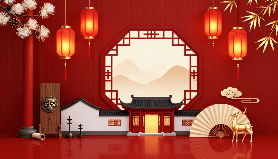 春节背景素材：瑞气盈门·中式吉祥插画背景