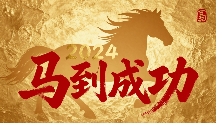 喜庆配色素材：朱红书法奔马与金色数字的新年祝福海报设计