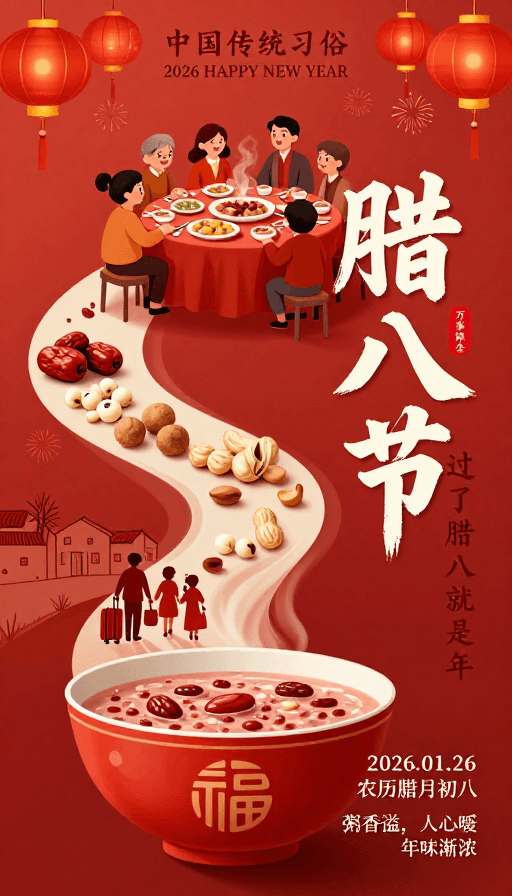 文化符号素材：暖红中国风腊八节海报 传递团圆年味
