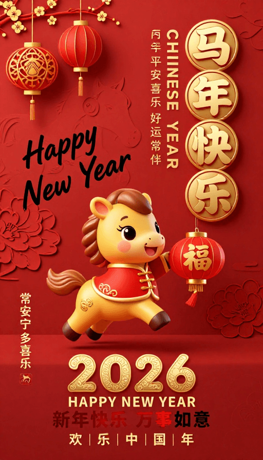 马年素材：喜庆中国风3D马年海报：金色小马跃起福字灯笼