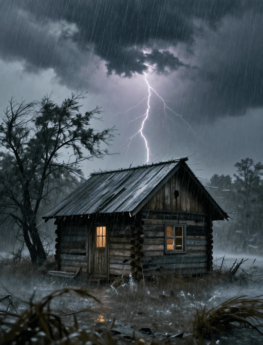 闪电黑夜素材：风暴中的孤木：阴郁雨夜下的危险小屋