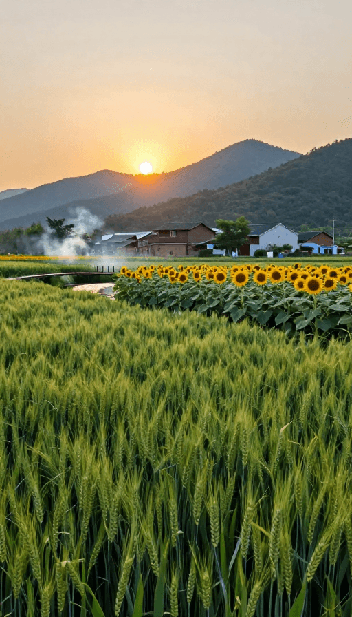 旅行宣传素材：绝美农庄：麦田、向日葵与炊烟的夕阳画卷